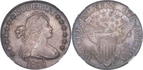 1799 Draped Bust Silver Dollar. BB-166, B-9. Rarity-1. AU-58 (NGC).Crusty surfaces and sharp striking detail deliver superior eye appeal in a Bust dol...