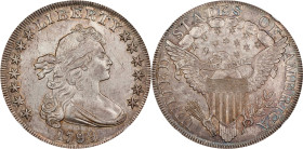 1799 Draped Bust Silver Dollar. BB-166, B-9. Rarity-1. AU-58 (NGC).This enticing near-Mint example exhibits wisps of pale silver-apricot and powder bl...