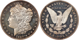 1895 Morgan Silver Dollar. Proof-64 Cameo (NGC). CMQ.A handsome specimen with blushes of light, yet vivid reddish-apricot iridescence that appear to d...