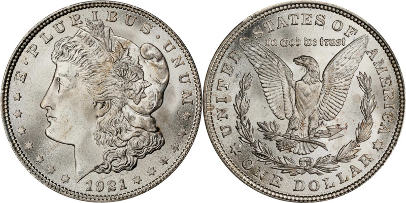 1921 Morgan Silver Dollar. MS-67 (PCGS). CMQ.A brilliant and platinum-white exam...