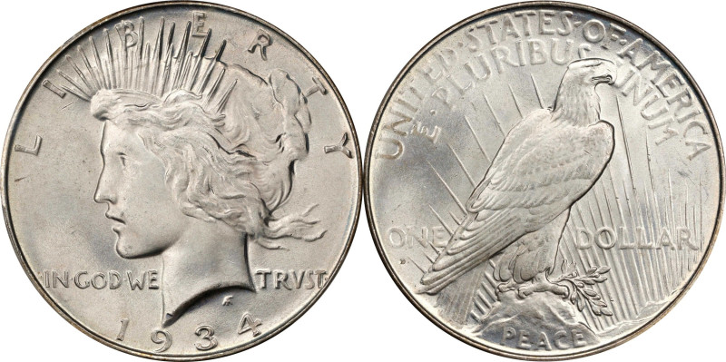 1934-D Peace Silver Dollar. MS-66+ (PCGS). CAC.Delicately toned in antique silve...