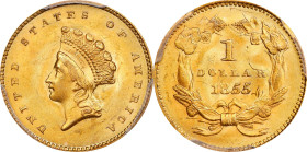 1855 Gold Dollar. Type II. MS-65 (PCGS).This lovely Gem 1855 gold dollar offers superior technical quality and outstanding visual appeal for this cond...