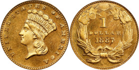 1887 Gold Dollar. JD-1. Rarity-5-. Centered Date. Proof-67 (PCGS). CAC. CMQ.Offered is a particularly desirable example of a rare classic U.S. Mint Pr...