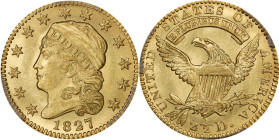 1827 Capped Head Left Quarter Eagle. BD-1. Rarity-5. MS-64+ (PCGS). CAC. CMQ.This is a wonderfully original, visually stunning Choice Mint State examp...