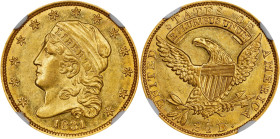 1831 Capped Head Left Quarter Eagle. BD-1. Rarity-4. AU-55 (NGC).Deep honey-olive color with warm orange-gold highlights and an impressive degree of m...