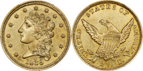 1839-D Classic Head Quarter Eagle. HM-1, Winter 1-B. Rarity-5. Strong Branch, Berry. AU-55 (PCGS).A visually appealing, uncommonly high grade survivor...