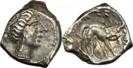 Cisalpine Gaul, Insubri. AR Drachm, imitating Massalia, 2nd-1st century BC. Cf. Pautasso XXXV, 436 and LXXXVI, 442. 2.64 g.  15 mm.