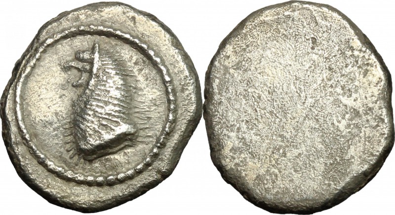 Greek Italy. Etruria, Populonia. AR Drachm, 5th century BC. D/ Head and neck of ...