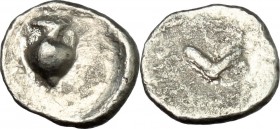 Etruria, Populonia. AR 1/2 Unit (?), 4th century BC. Unpublished in the standard references, for obverse type, cf. Vecchi EC I, 129. 0.43 g.  8 mm.