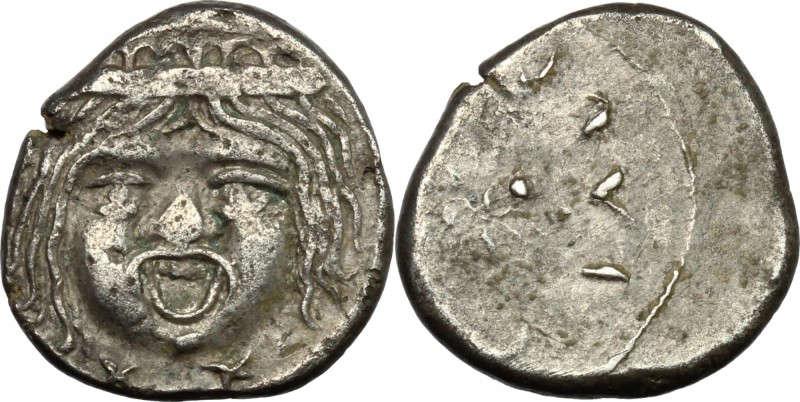 Greek Italy. Etruria, Populonia. AR 20-Asses, c. 300-250 BC. D/ Facing head of M...