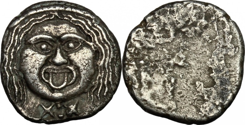 Greek Italy. Etruria, Populonia. AR 20-Asses, 3rd century BC. D/ Facing head of ...