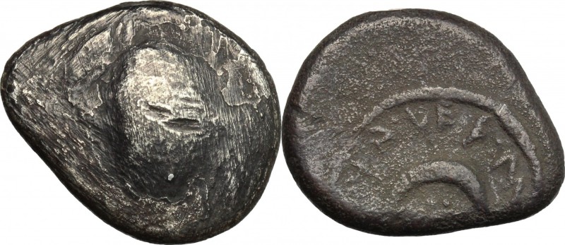 Greek Italy. Etruria, Populonia. AR 20-Asses, 3rd century BC. D/ Head of Menvra ...