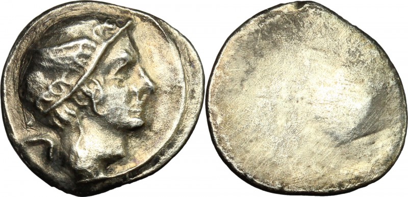 Greek Italy. Etruria, Populonia. AR 5-Asses, 3rd century BC. D/ Head of Turms ri...