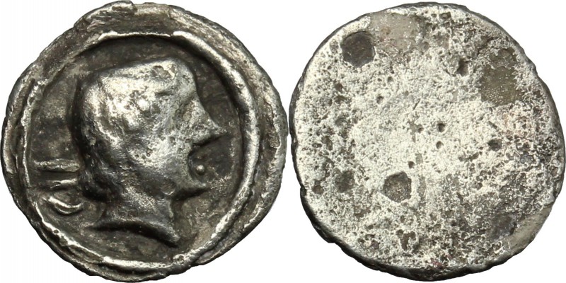 Greek Italy. Etruria, Populonia. AR 2.5-Asses, 3rd century BC. D/ Female head ri...