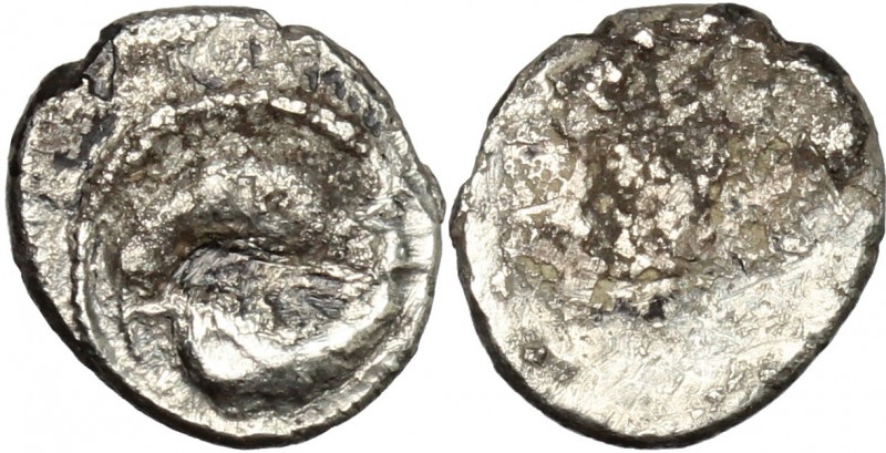 Greek Italy. Etruria, Populonia. AR Obol (?), 3rd century BC. D/ Two dolphins. D...
