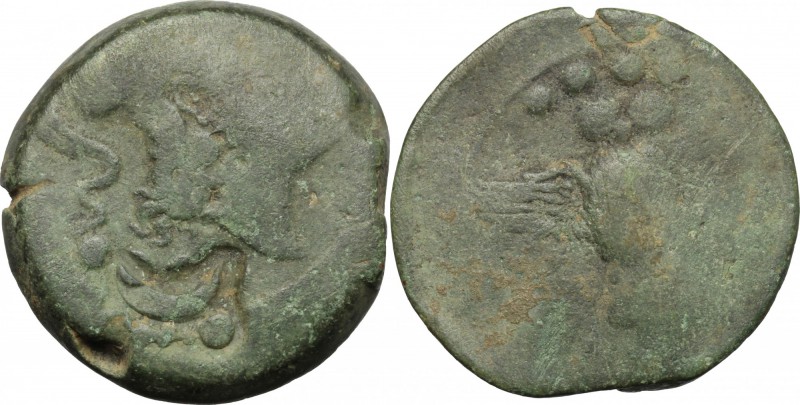 Greek Italy. Etruria, Populonia. AE Triens, 3rd century BC. D/ Head of Menvra ri...