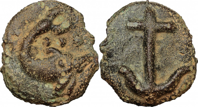 Greek Italy. Etruria, Tarquinii. AE Cast Quadrans, c. 275 BC. D/ Dolphin right; ...