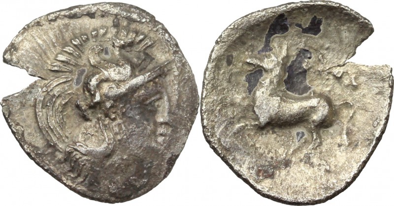 Greek Italy. Northern Apulia, Arpi. AR Diobol, c. 325-275 BC. D/ Head of Athena ...