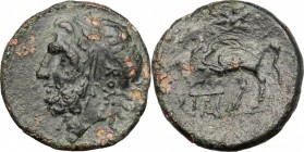 Northern Apulia, Arpi. AE 17 mm. c. 300-250 BC, coutermarked c. 213 BC. Host coin: HN Italy 644. 3.13 g.  17 mm.