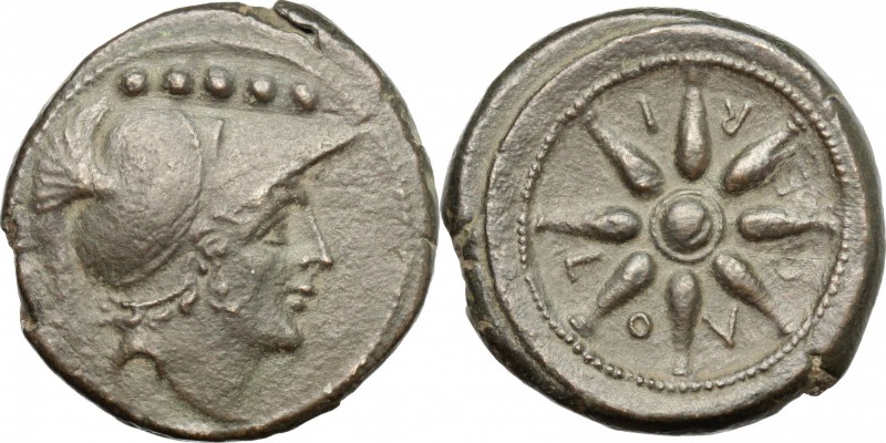 Greek Italy. Northern Apulia, Luceria. AE Quincunx, c. 211-200 BC. D/ Head of Mi...