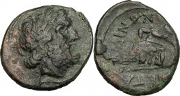 Southern Apulia, Sidion. . AE 17 mm. c. 300-275 BC, overstruck on a Metapontum uncertain issue. HN Italy 822. BMC Italy, p. 395,1-2. 2.35 g.  17 mm.