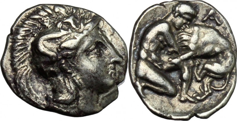 Greek Italy. Southern Apulia, Tarentum. AR Diobol, c. 325-280 BC. D/ Head of Ath...