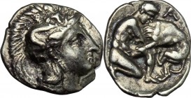 Southern Apulia, Tarentum. AR Diobol, c. 325-280 BC. HN Italy 976, Vlasto 1315, SNG ANS 1408. 1.14 g.  11.5 mm.