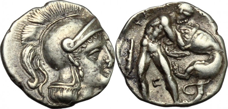 Greek Italy. Southern Apulia, Tarentum. AR Diobol, c. 325-280 BC. D/ Head of Ath...