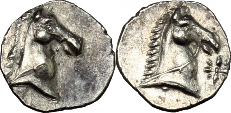 Greek Italy. Southern Apulia, Tarentum. AR 3/4 Obol, 325-280 BC. D/ Head of brid...