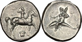 Southern Apulia, Tarentum. AR Nomos, c. 280-272 BC. HN Italy 1014. Vlasto 803-7. 6.3 g.  20 mm.