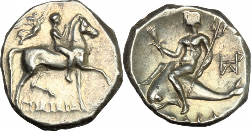 Greek Italy. Southern Apulia, Tarentum. AR Nomos, C. 272-240 BC. D/ Youth on hor...