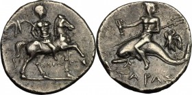 Southern Apulia, Tarentum. AR Half Shekel, c. 212-209 BC. HN Italy 1082. Vlasto 984. 3.52 g.  19 mm.