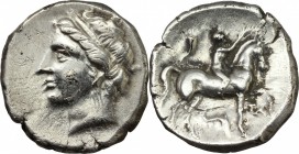 Southern Apulia, Tarentum. AR Didrachm. Campano-Tarentine issue, c. 281-228 BC. HN Italy 1098. Vlasto 1038 ff. SNG ANS 1288.  7.23 g.  21 mm.