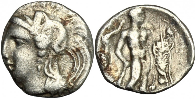 Greek Italy. Southern Lucania, Heraclea. AR Diobol, c. 340-330 BC. D/ Head of At...