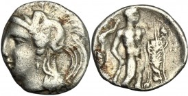 Southern Lucania, Heraclea. AR Diobol, c. 340-330 BC. HN Italy 1381 var. (head of Athena right). SNG Cop. 1131. 0.86 g.  11 mm.