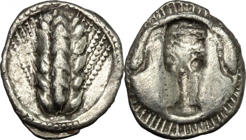Greek Italy. Southern Lucania, Metapontum. AR Triobol, c. 470-440 BC. D/ Six-gra...