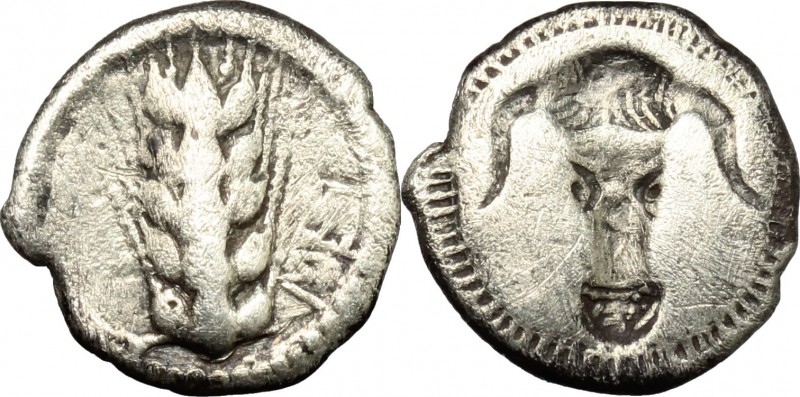 Greek Italy. Southern Lucania, Metapontum. AR Triobol, c. 470-440 BC. D/ MET. Fi...