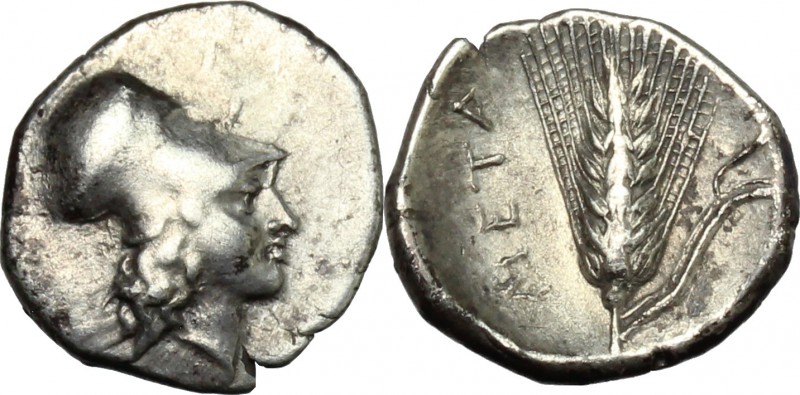 Greek Italy. Southern Lucania, Metapontum. AR Diobol, c. 325-275 BC. D/ Head of ...
