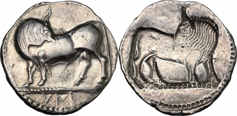 Greek Italy. Southern Lucania, Sybaris. AR Stater, c. 550-510 BC. D/ Bull standi...