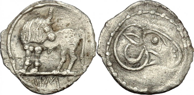 Greek Italy. Southern Lucania, Sybaris. AR Obol, c. 530-510 BC. D/ Bull standing...