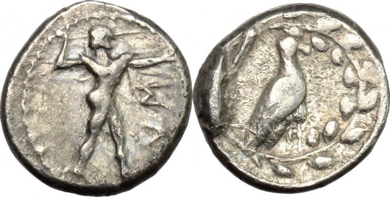 Greek Italy. Southern Lucania, Sybaris. AR Triobol, 453-448 BC. D/ Poseidon, nak...
