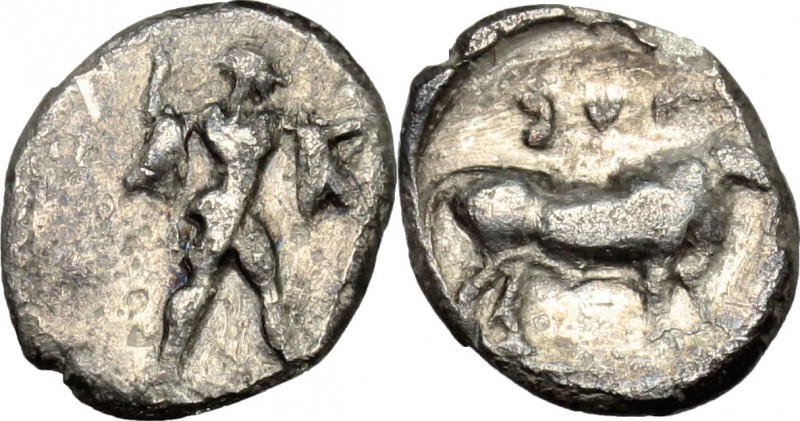 Greek Italy. Southern Lucania, Sybaris. AR Diobol (?) c. 453-448 BC. D/ Poseidon...