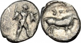 Southern Lucania, Sybaris. AR Diobol (?) c. 453-448 BC. HN Italy 1746 var (ethnic).  0.85 g.  11 mm.