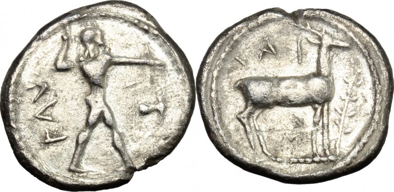 Greek Italy. Bruttium, Kaulonia. AR Drachm, c. 475-425 BC. D/ KAV. Nude Apollo w...