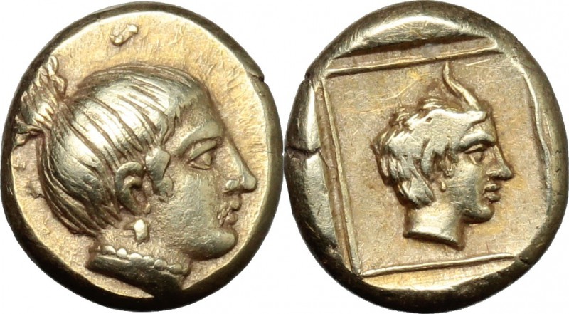 Greek Asia. Lesbos, Mytilene. EL Hekte, c. 412-378 BC. D/ Head of nymph right. R...