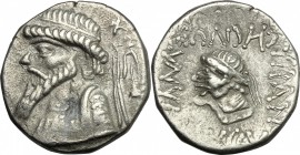 Kings of Elymais.  Kamnaskires V (54-32 BC).. AR Tetradrachm, Seleukeia on the Hedyphon mint. Cf. van't Haaff Type 9.1.1-4 (for type). Cf. Alram 463 (...