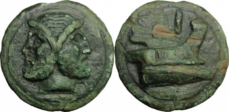 Janus/Prow to right libral series. AE Cast As, c. 225-217 BC. D/ Head of Janus; ...