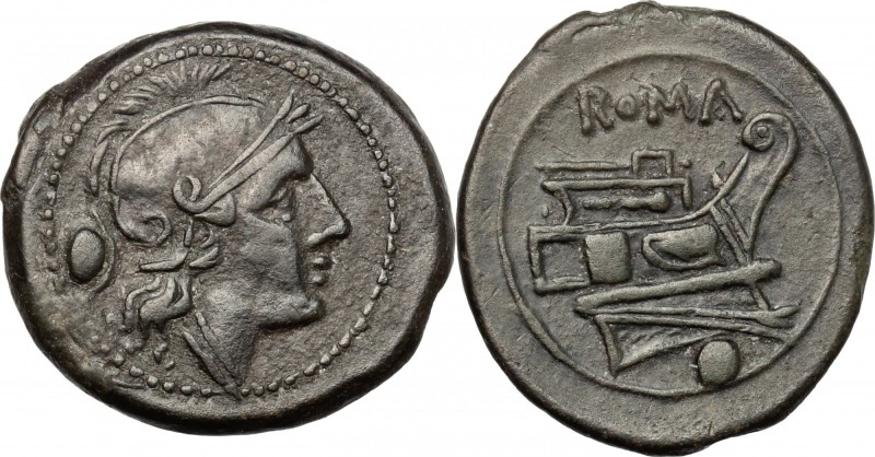 Post-semilibral series. AE Uncia, c. 215-212 BC. D/ Head of Roma right, wearing ...