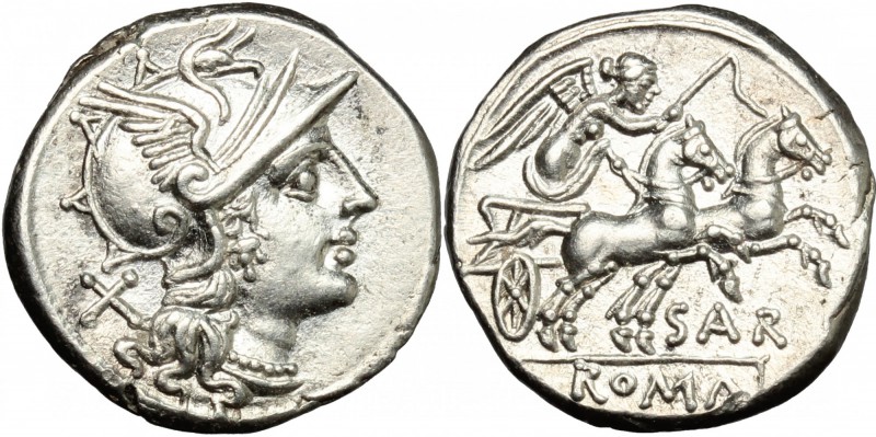 Atilius Saranus. AR Denarius, 155 BC. D/ Helmeted head of Roma right; behind, X....