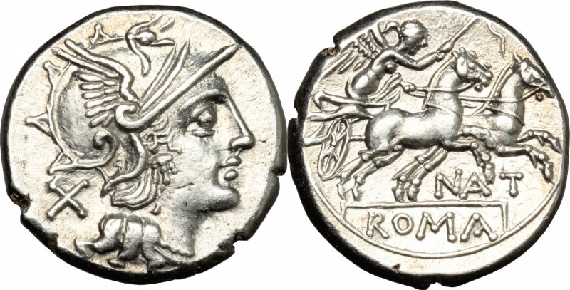 Pinarius Natta. AR Denarius, 155 BC. D/ Helmeted head of Roma right; behind, X. ...